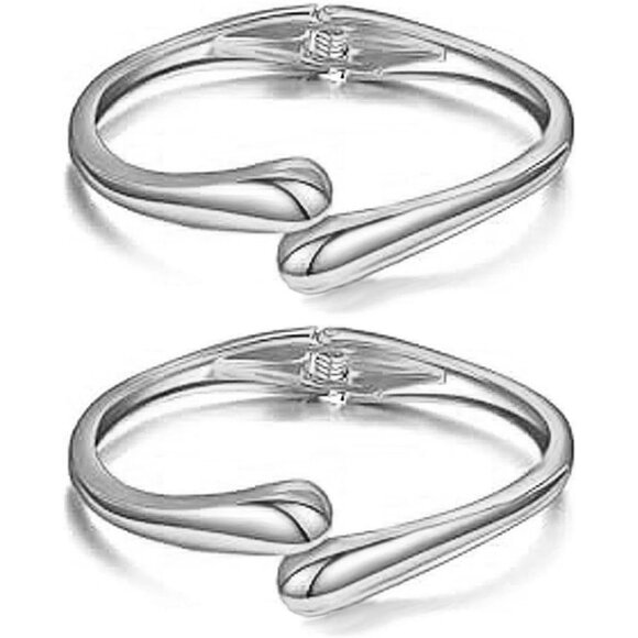 Silver 2 Pcs Bangle Bracelets for Women and Teens Adjustable Chunky Twist Cuff - Picture 1 of 6